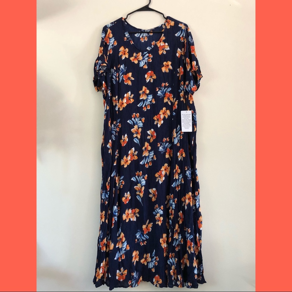 Woman Within Navy Floral Crinkle Maxi Dress